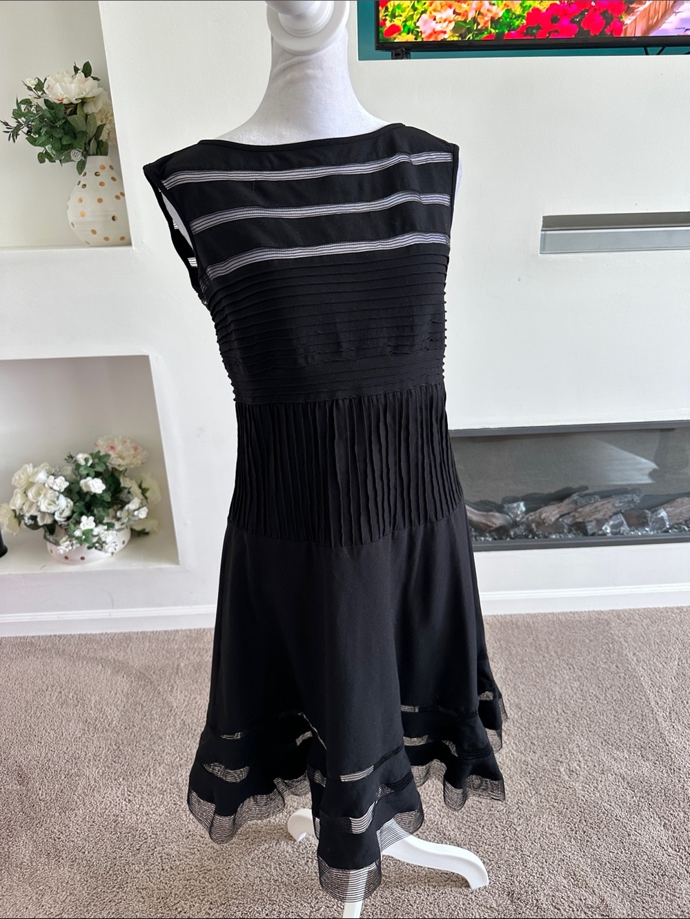 Tadashi Shoji Black Sheer-Striped Midi Dress - Picture 4 of 6